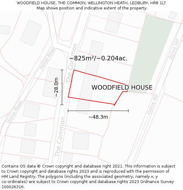 WOODFIELD HOUSE, THE COMMON, WELLINGTON HEATH, LEDBURY, HR8 1LT: Plot and title map