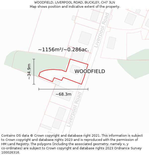 WOODFIELD, LIVERPOOL ROAD, BUCKLEY, CH7 3LN: Plot and title map