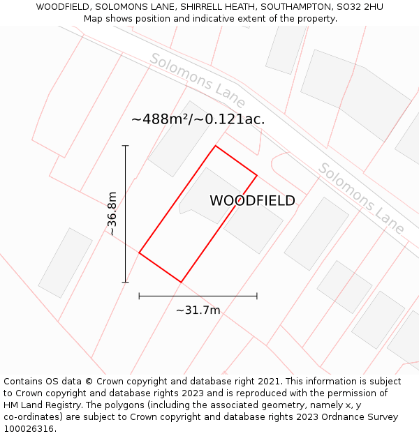 WOODFIELD, SOLOMONS LANE, SHIRRELL HEATH, SOUTHAMPTON, SO32 2HU: Plot and title map