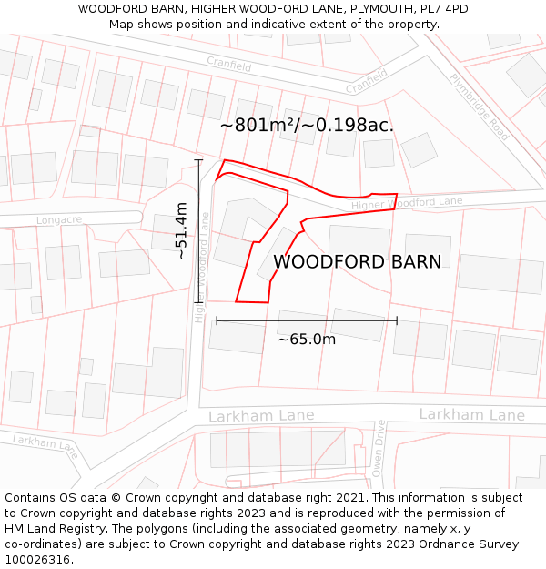 WOODFORD BARN, HIGHER WOODFORD LANE, PLYMOUTH, PL7 4PD: Plot and title map