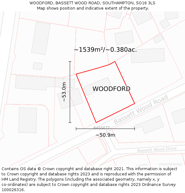 WOODFORD, BASSETT WOOD ROAD, SOUTHAMPTON, SO16 3LS: Plot and title map