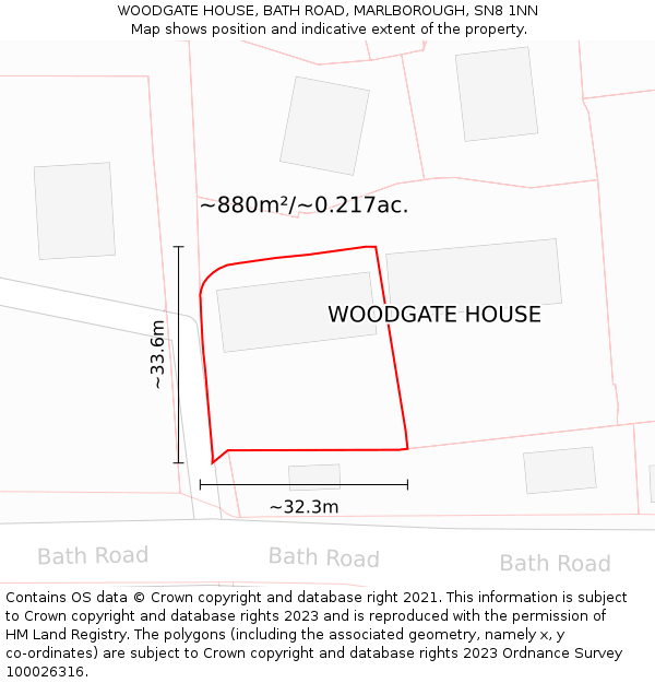 WOODGATE HOUSE, BATH ROAD, MARLBOROUGH, SN8 1NN: Plot and title map