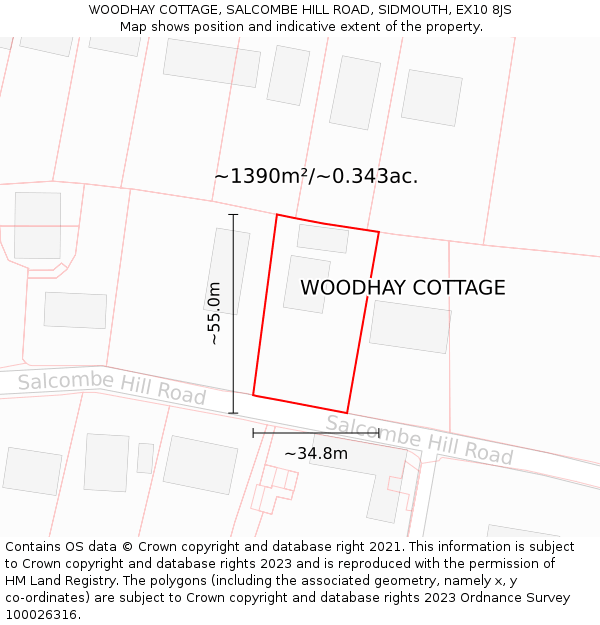 WOODHAY COTTAGE, SALCOMBE HILL ROAD, SIDMOUTH, EX10 8JS: Plot and title map