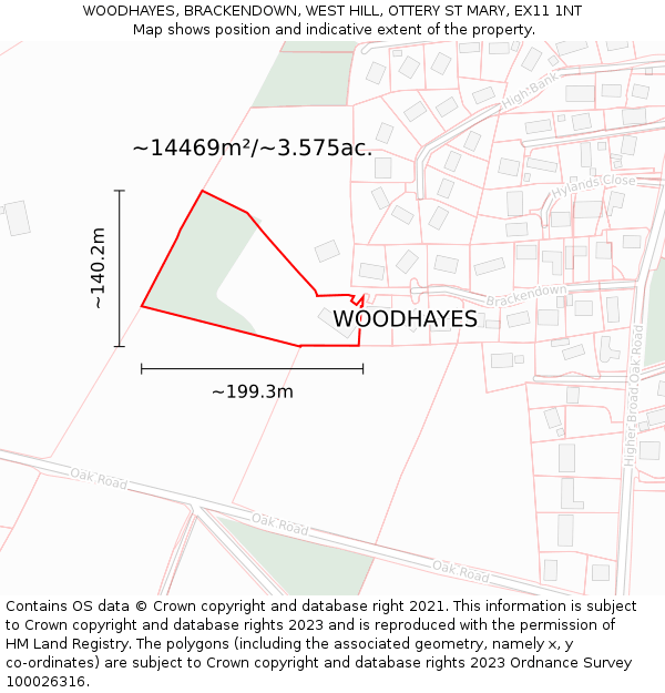 WOODHAYES, BRACKENDOWN, WEST HILL, OTTERY ST MARY, EX11 1NT: Plot and title map
