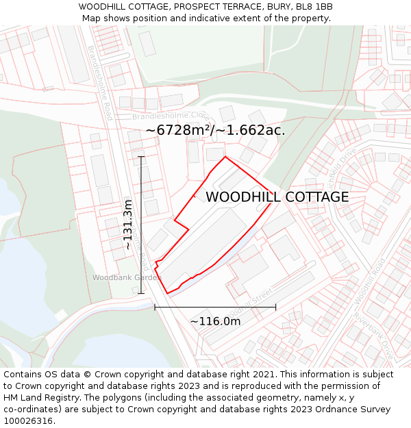 WOODHILL COTTAGE, PROSPECT TERRACE, BURY, BL8 1BB: Plot and title map