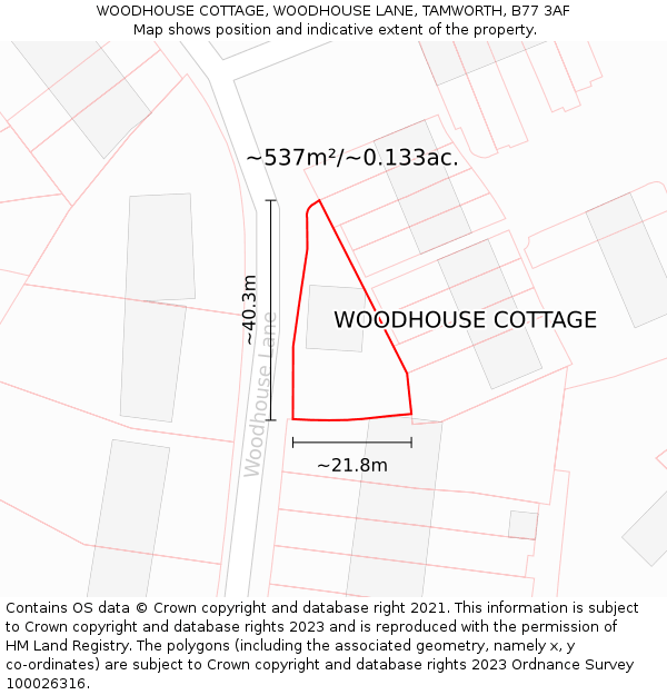 WOODHOUSE COTTAGE, WOODHOUSE LANE, TAMWORTH, B77 3AF: Plot and title map