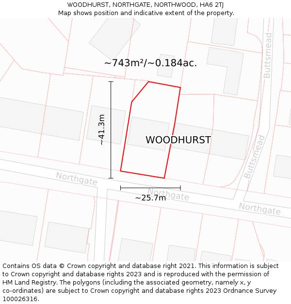 WOODHURST, NORTHGATE, NORTHWOOD, HA6 2TJ: Plot and title map