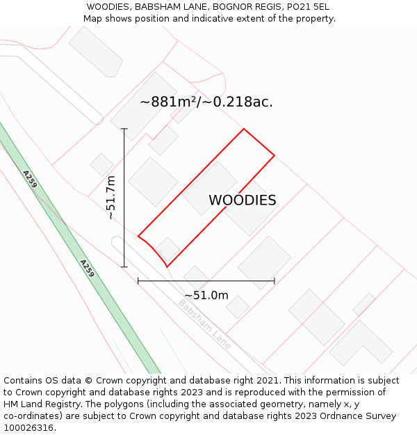 WOODIES, BABSHAM LANE, BOGNOR REGIS, PO21 5EL: Plot and title map