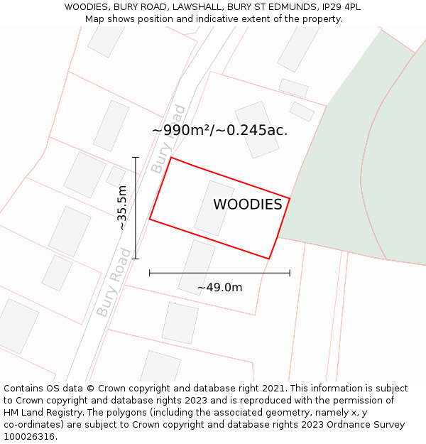 WOODIES, BURY ROAD, LAWSHALL, BURY ST EDMUNDS, IP29 4PL: Plot and title map