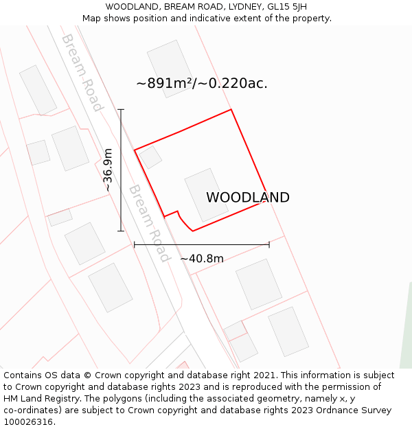WOODLAND, BREAM ROAD, LYDNEY, GL15 5JH: Plot and title map