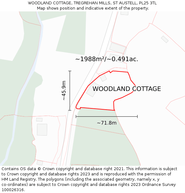 WOODLAND COTTAGE, TREGREHAN MILLS, ST AUSTELL, PL25 3TL: Plot and title map