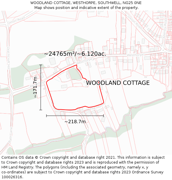 WOODLAND COTTAGE, WESTHORPE, SOUTHWELL, NG25 0NE: Plot and title map