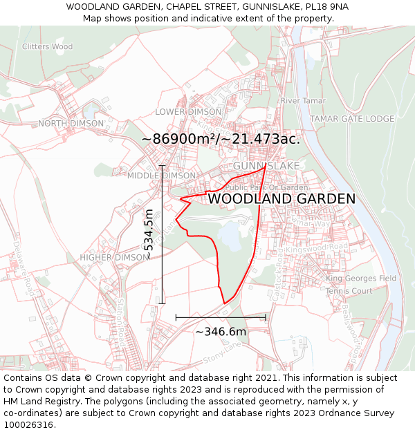 WOODLAND GARDEN, CHAPEL STREET, GUNNISLAKE, PL18 9NA: Plot and title map