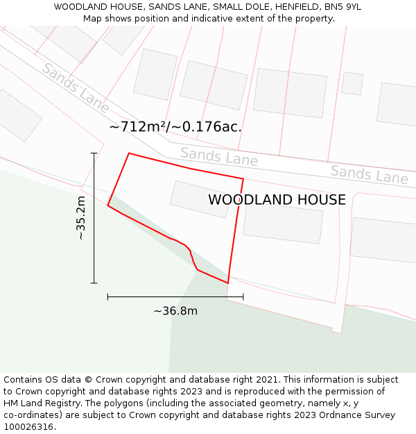 WOODLAND HOUSE, SANDS LANE, SMALL DOLE, HENFIELD, BN5 9YL: Plot and title map