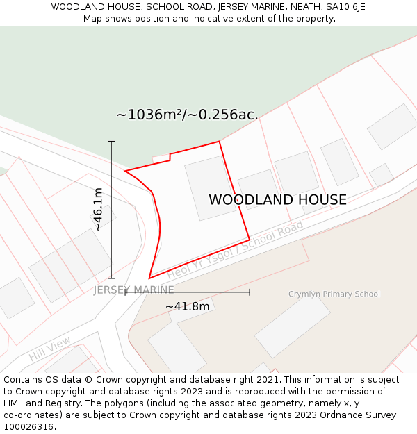 WOODLAND HOUSE, SCHOOL ROAD, JERSEY MARINE, NEATH, SA10 6JE: Plot and title map