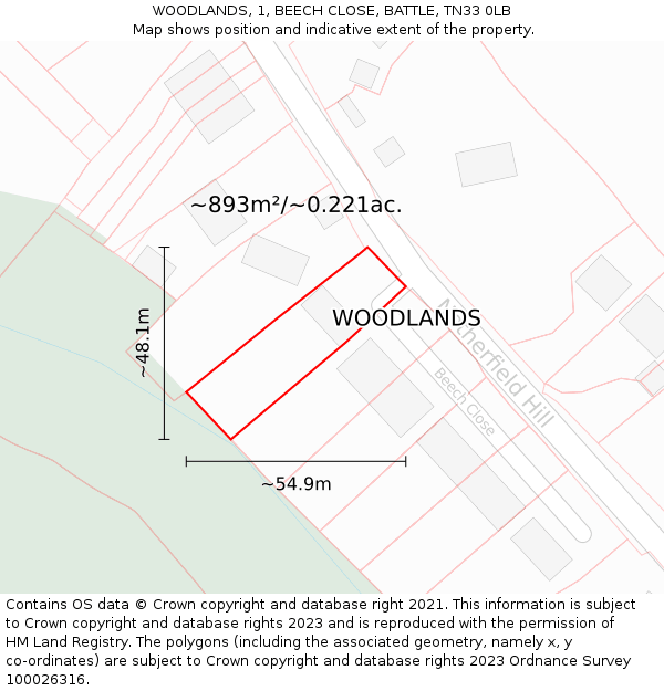 WOODLANDS, 1, BEECH CLOSE, BATTLE, TN33 0LB: Plot and title map