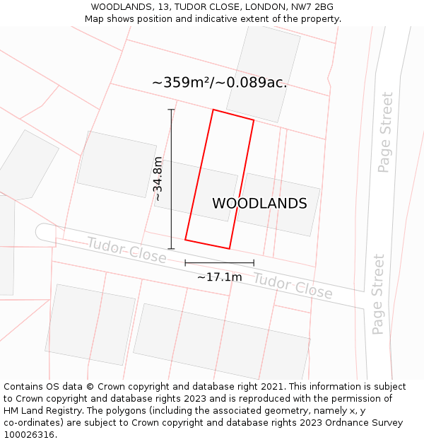 WOODLANDS, 13, TUDOR CLOSE, LONDON, NW7 2BG: Plot and title map