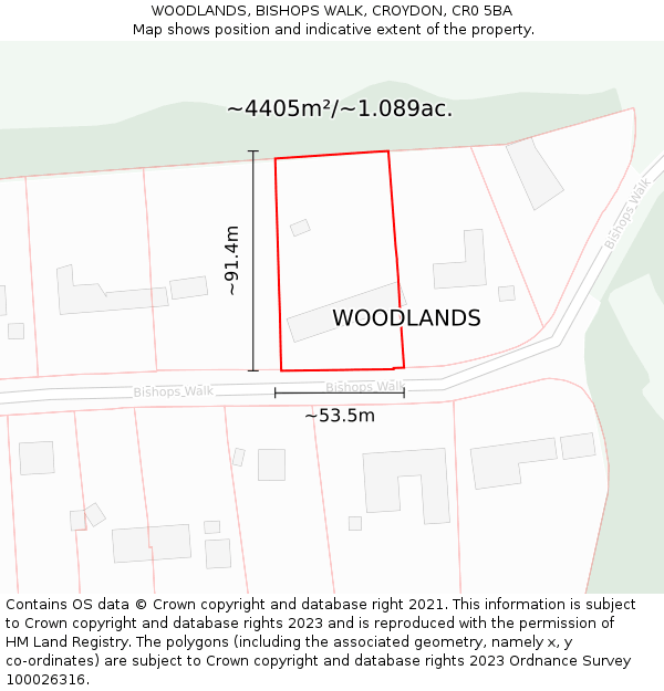 WOODLANDS, BISHOPS WALK, CROYDON, CR0 5BA: Plot and title map