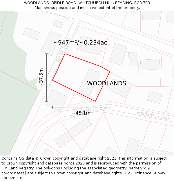 WOODLANDS, BRIDLE ROAD, WHITCHURCH HILL, READING, RG8 7PR: Plot and title map