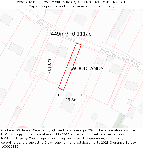 WOODLANDS, BROMLEY GREEN ROAD, RUCKINGE, ASHFORD, TN26 2EF: Plot and title map