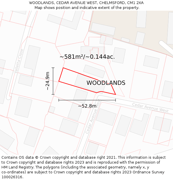 WOODLANDS, CEDAR AVENUE WEST, CHELMSFORD, CM1 2XA: Plot and title map