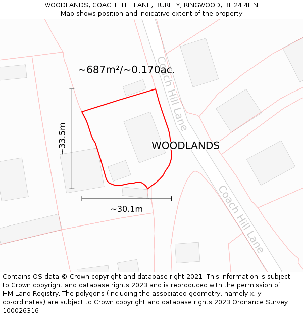WOODLANDS, COACH HILL LANE, BURLEY, RINGWOOD, BH24 4HN: Plot and title map