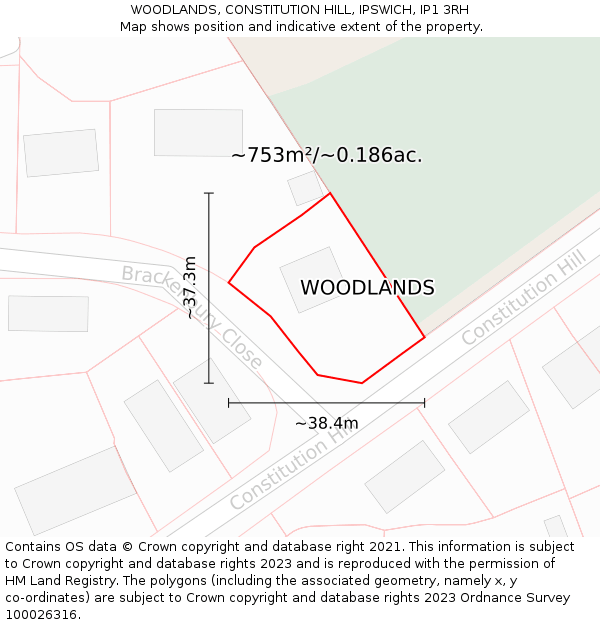 WOODLANDS, CONSTITUTION HILL, IPSWICH, IP1 3RH: Plot and title map