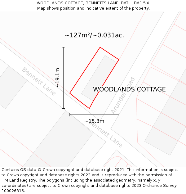WOODLANDS COTTAGE, BENNETTS LANE, BATH, BA1 5JX: Plot and title map