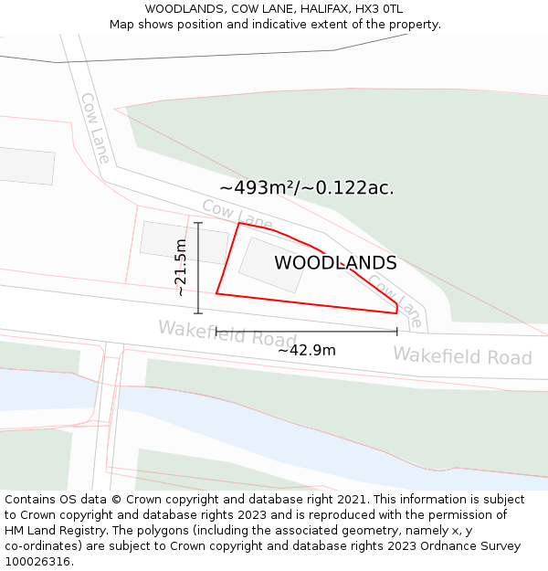 WOODLANDS, COW LANE, HALIFAX, HX3 0TL: Plot and title map