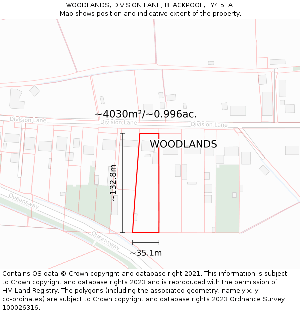WOODLANDS, DIVISION LANE, BLACKPOOL, FY4 5EA: Plot and title map