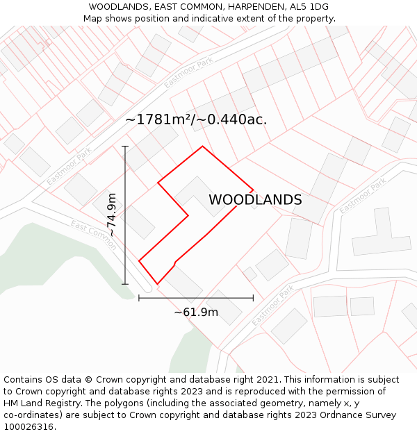 WOODLANDS, EAST COMMON, HARPENDEN, AL5 1DG: Plot and title map