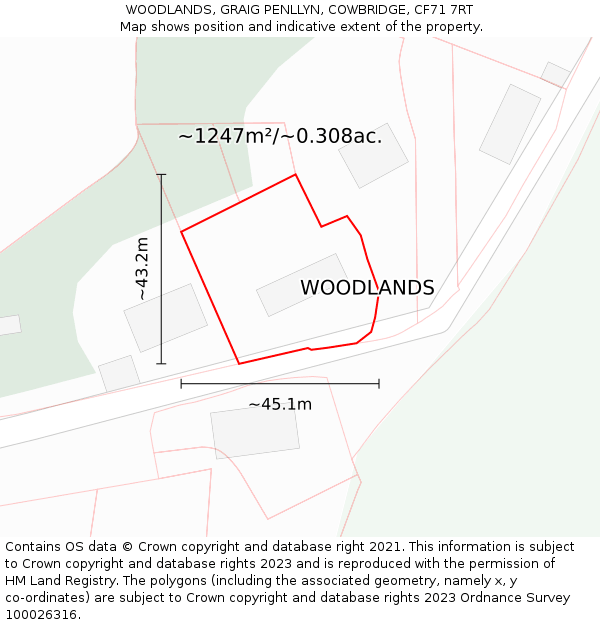 WOODLANDS, GRAIG PENLLYN, COWBRIDGE, CF71 7RT: Plot and title map