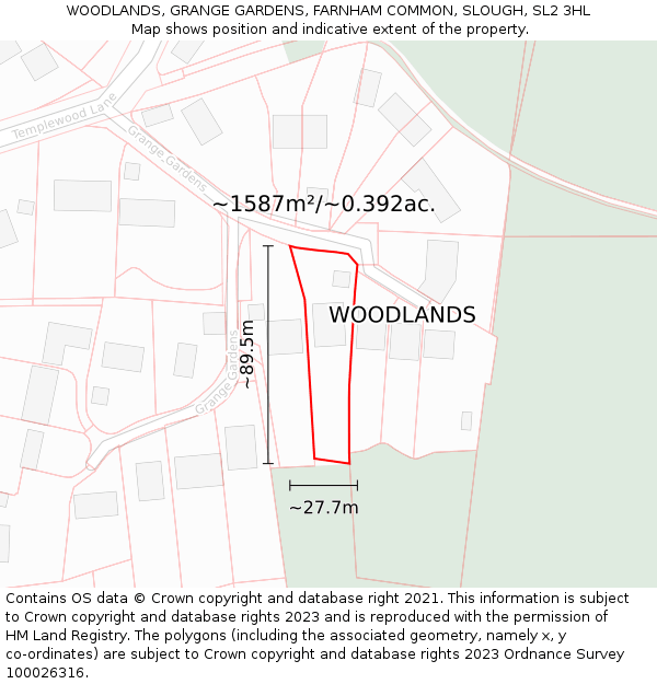 WOODLANDS, GRANGE GARDENS, FARNHAM COMMON, SLOUGH, SL2 3HL: Plot and title map