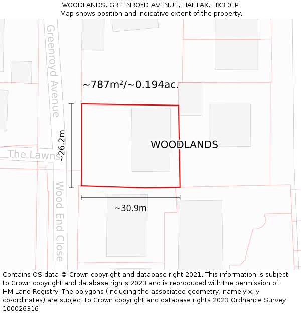 WOODLANDS, GREENROYD AVENUE, HALIFAX, HX3 0LP: Plot and title map
