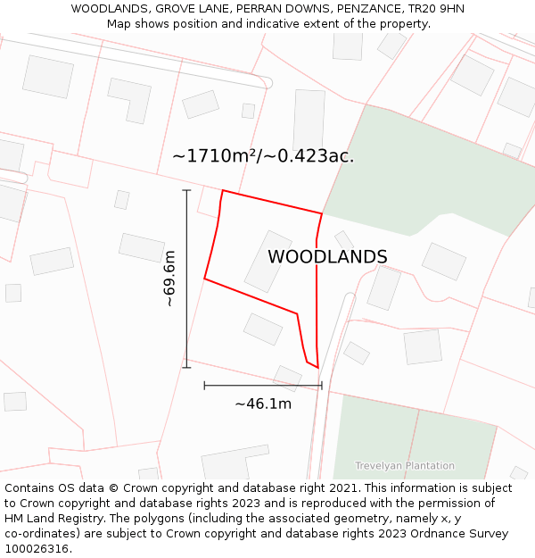 WOODLANDS, GROVE LANE, PERRAN DOWNS, PENZANCE, TR20 9HN: Plot and title map