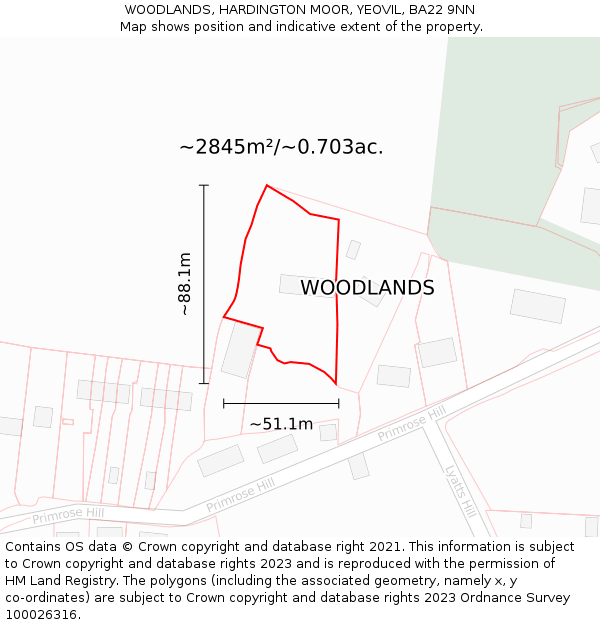 WOODLANDS, HARDINGTON MOOR, YEOVIL, BA22 9NN: Plot and title map