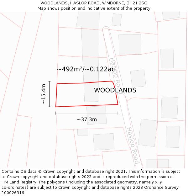 WOODLANDS, HASLOP ROAD, WIMBORNE, BH21 2SG: Plot and title map
