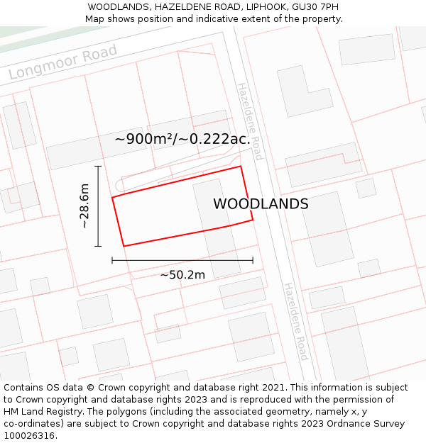 WOODLANDS, HAZELDENE ROAD, LIPHOOK, GU30 7PH: Plot and title map