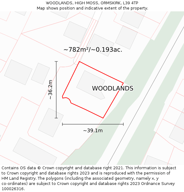 WOODLANDS, HIGH MOSS, ORMSKIRK, L39 4TP: Plot and title map