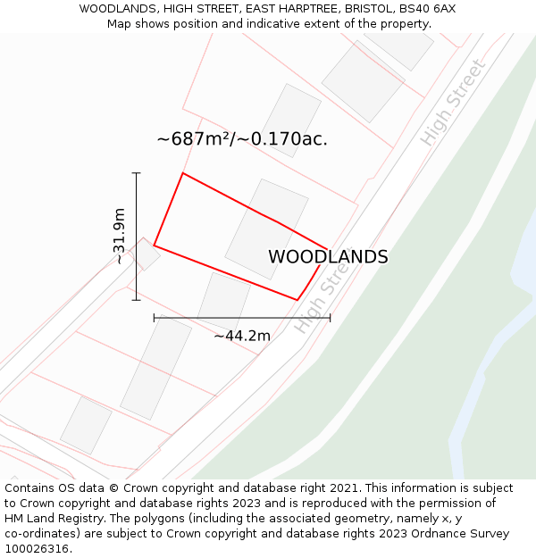 WOODLANDS, HIGH STREET, EAST HARPTREE, BRISTOL, BS40 6AX: Plot and title map