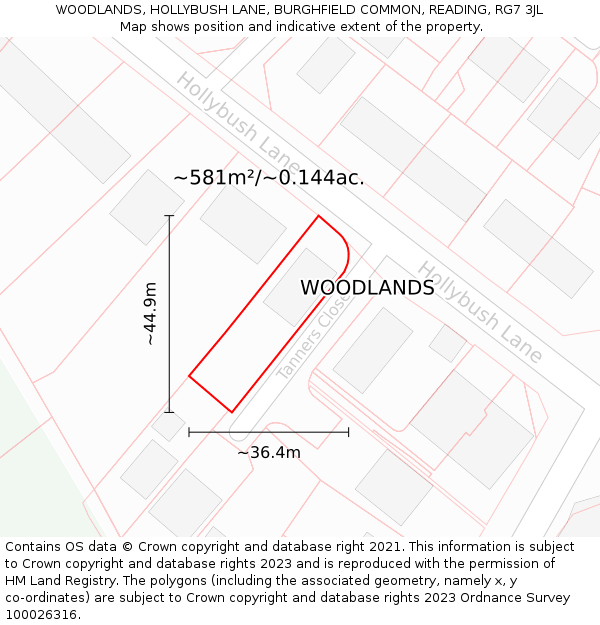 WOODLANDS, HOLLYBUSH LANE, BURGHFIELD COMMON, READING, RG7 3JL: Plot and title map