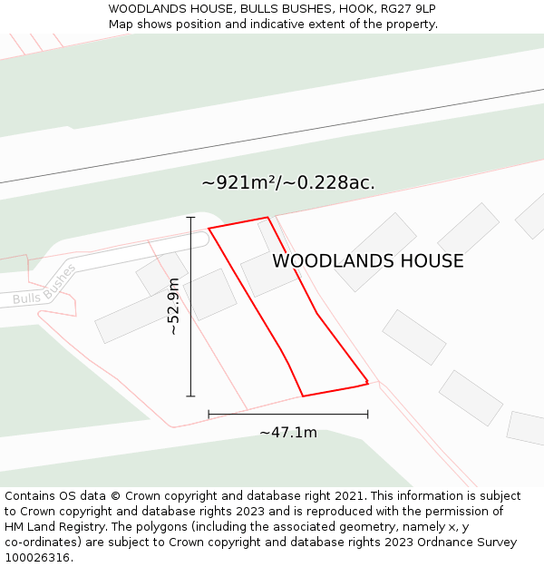 WOODLANDS HOUSE, BULLS BUSHES, HOOK, RG27 9LP: Plot and title map