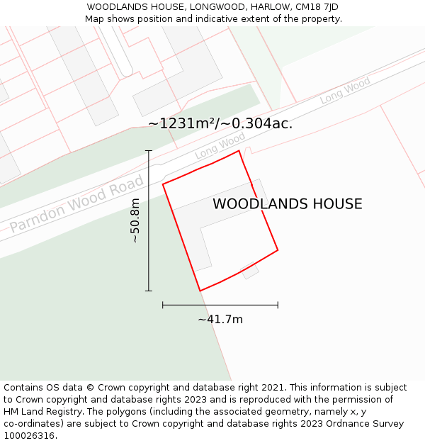 WOODLANDS HOUSE, LONGWOOD, HARLOW, CM18 7JD: Plot and title map