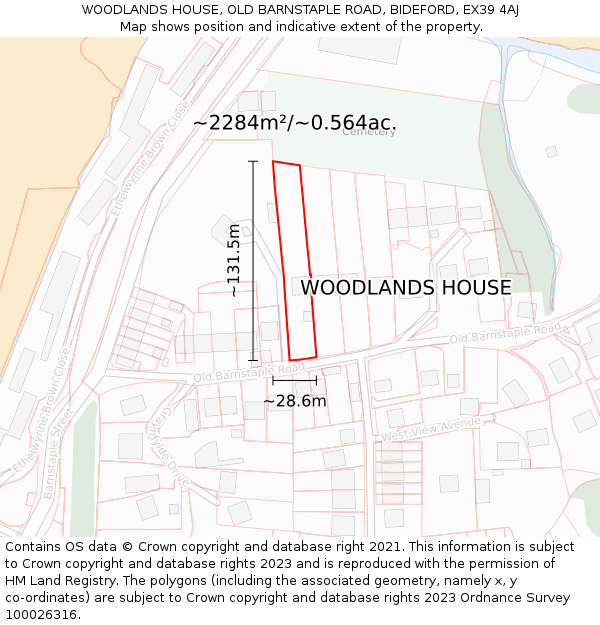 WOODLANDS HOUSE, OLD BARNSTAPLE ROAD, BIDEFORD, EX39 4AJ: Plot and title map
