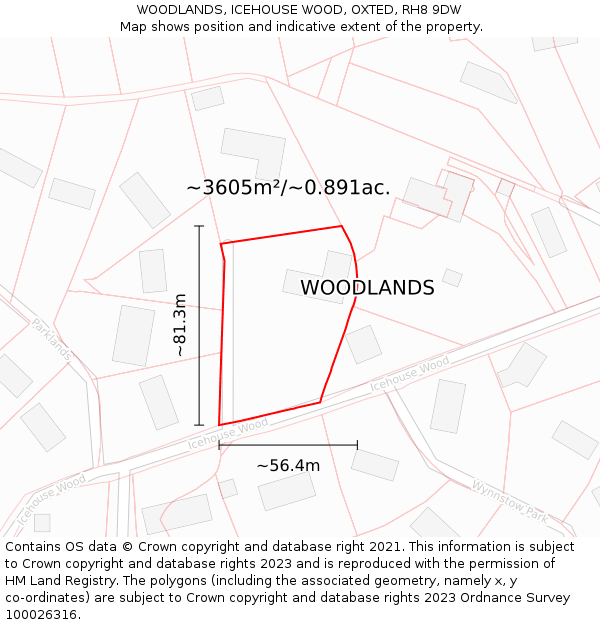 WOODLANDS, ICEHOUSE WOOD, OXTED, RH8 9DW: Plot and title map