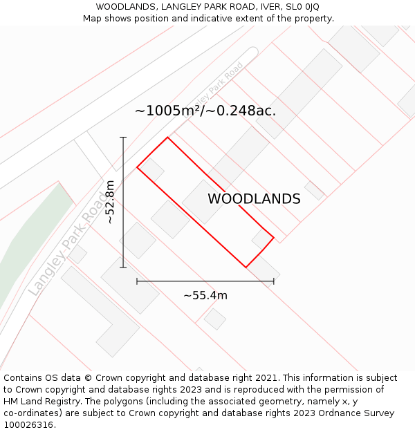 WOODLANDS, LANGLEY PARK ROAD, IVER, SL0 0JQ: Plot and title map