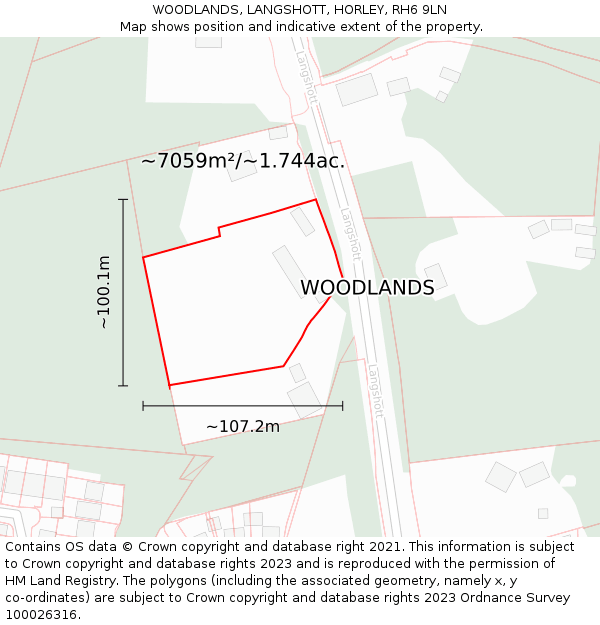 WOODLANDS, LANGSHOTT, HORLEY, RH6 9LN: Plot and title map