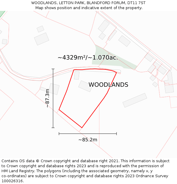 WOODLANDS, LETTON PARK, BLANDFORD FORUM, DT11 7ST: Plot and title map