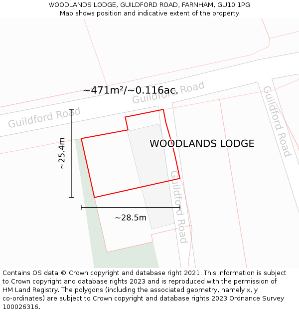 WOODLANDS LODGE, GUILDFORD ROAD, FARNHAM, GU10 1PG: Plot and title map