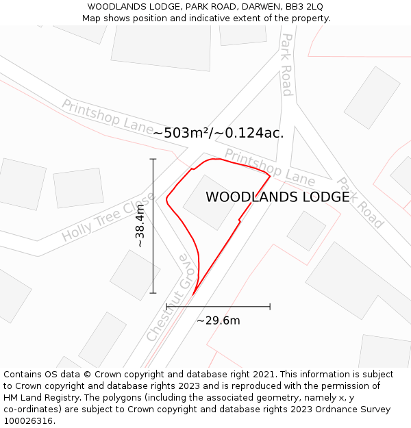 WOODLANDS LODGE, PARK ROAD, DARWEN, BB3 2LQ: Plot and title map